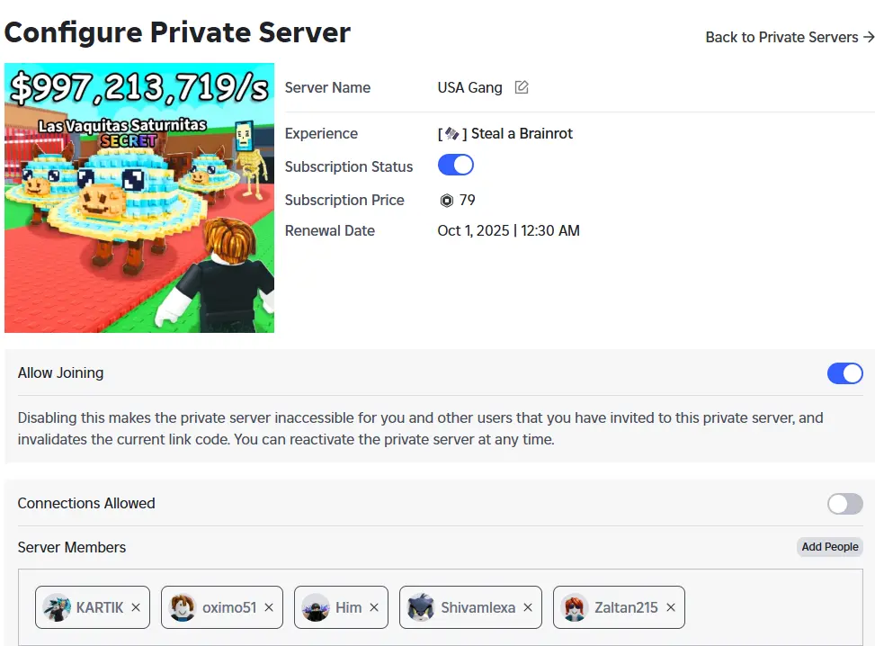 Steal A Brainrot Private Server free